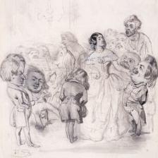 Jean-Ignace-Isidore Gerard, dit Grandville (1803-1847). "Thé artistique assaisonnée de grands hommes chez Madame de Girardin - Et vous, Honoré, en voulez-vous une tasse?". Crayon et lavis, 1845. Paris, maison de Balzac. © Maison de Balzac / Roger-Viollet