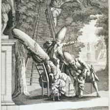  "Conversation galante entre des personnes du grand goût, étant à la promenade des Tuileries". Estampe anonyme. 1750-1800. Paris, musée Carnavalet. © Musée Carnavalet / Roger-Viollet