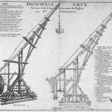 "Principale grue servant à la construction de l'église de Sainte Geneviève - perspective et élévation géométrale". Estampe anonyme. Paris, musée Carnavalet. © Musée Carnavalet / Roger-Viollet 