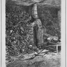 Henry Linton et Jules Ferat. "Catacombes de Paris : l'ossuaire (d'après la photographie faite à la lumière électrique par Monsieur Nadar). Paris, musée Carnavalet.   © Musée Carnavalet / Roger-Viollet