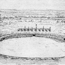 Eugène de Ménorval, Reconstitution de Lutèce : à gauche au fond Montmartre et le temple de Mars, la cité et le palais. Au premier plan, les arènes. Dessin à la plume d'Eugène de Ménorval. © Albert Harlingue / Roger-Viollet